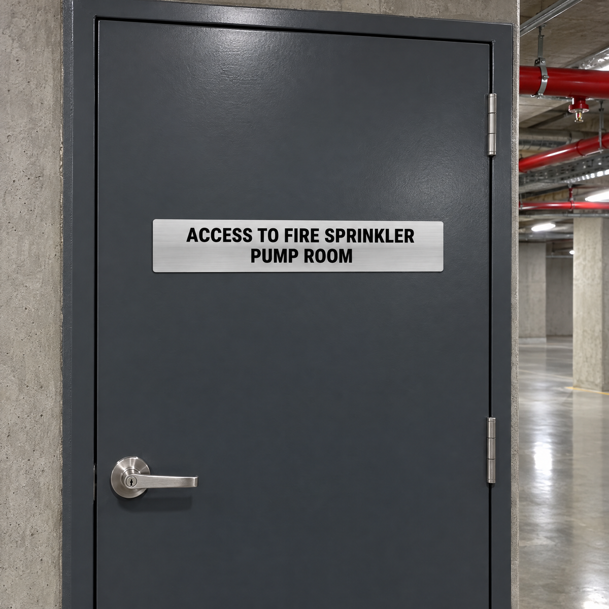 Access to Fire Sprinkler Pump Room Sign – Silver & Black installed on site – SignShine Australia