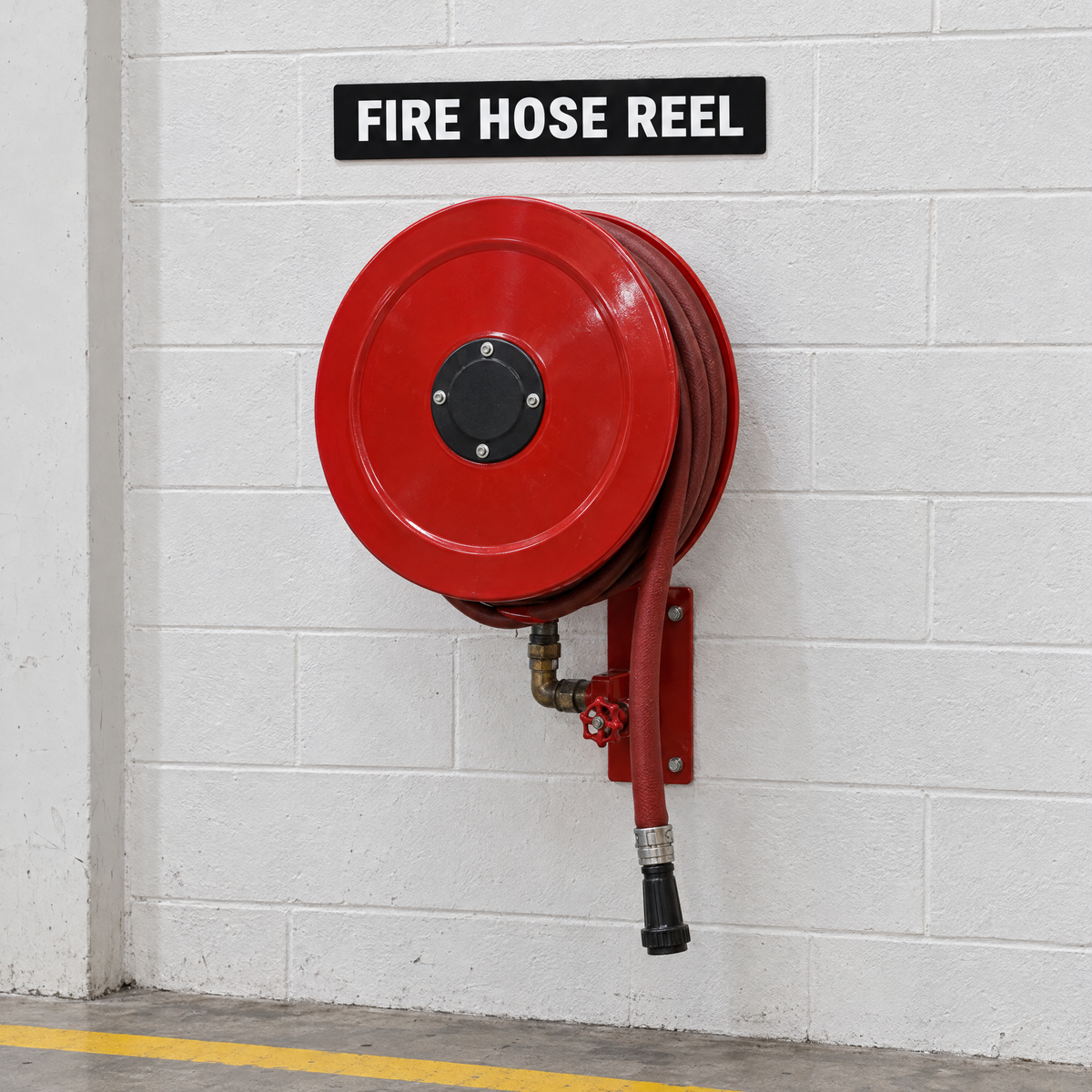 Black and white Fire Hose Reel sign above a fire hose reel cabinet in an Australian building
