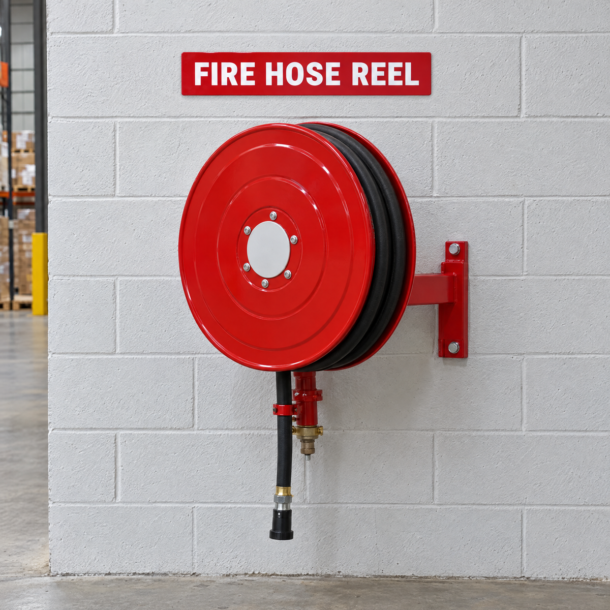 Red and white Fire Hose Reel sign above a fire hose reel cabinet in an Australian building