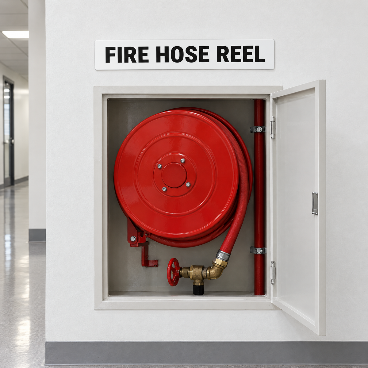 White and black Fire Hose Reel sign above a fire hose reel cabinet in an Australian building