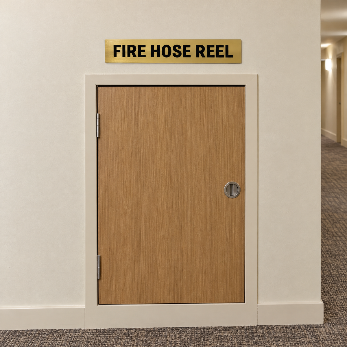 Brushed gold and black Fire Hose Reel sign above a fire hose reel cabinet in an Australian building