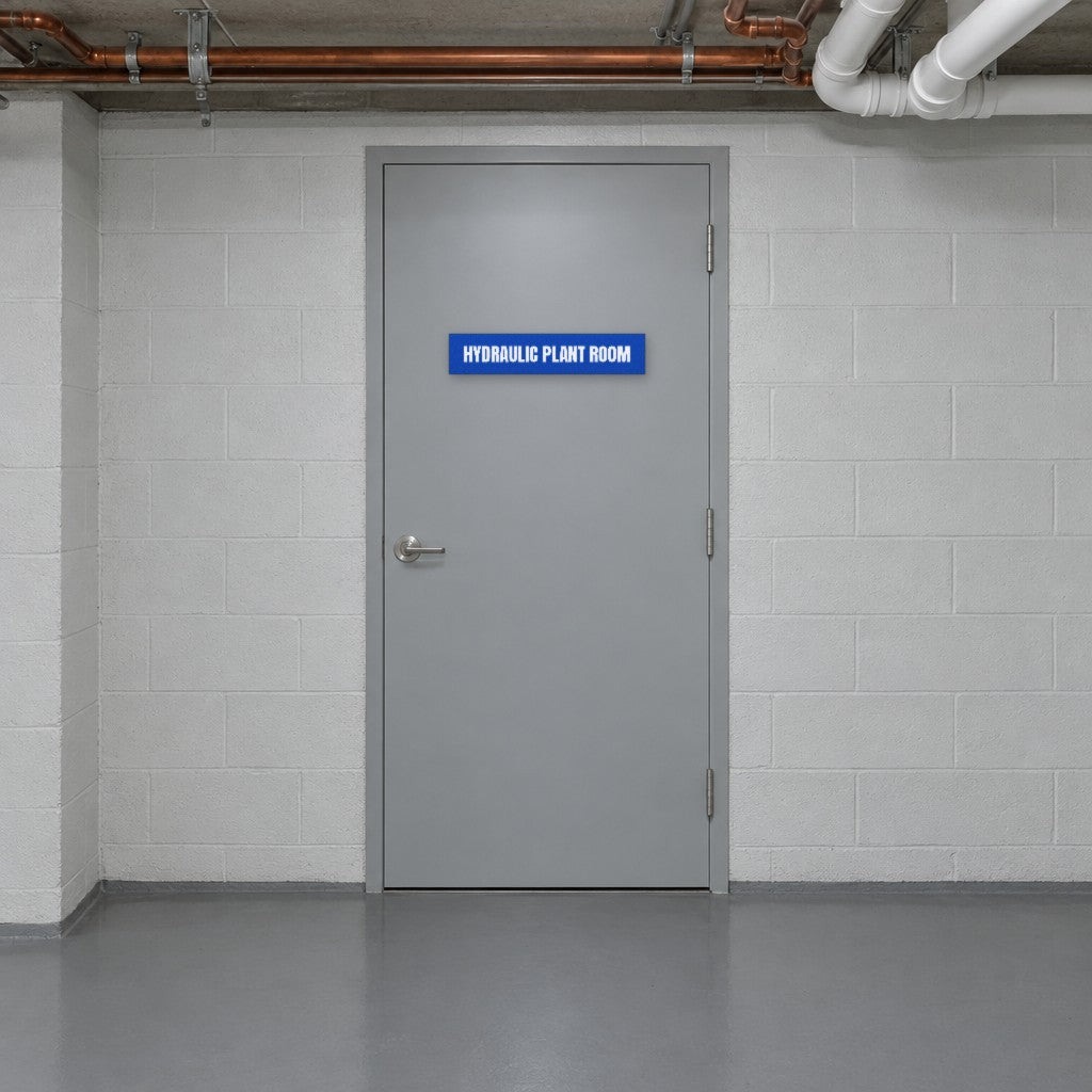 Blue and white Hydraulic Plant Room sign on a hydraulic plant room door in an Australian apartment building basement
