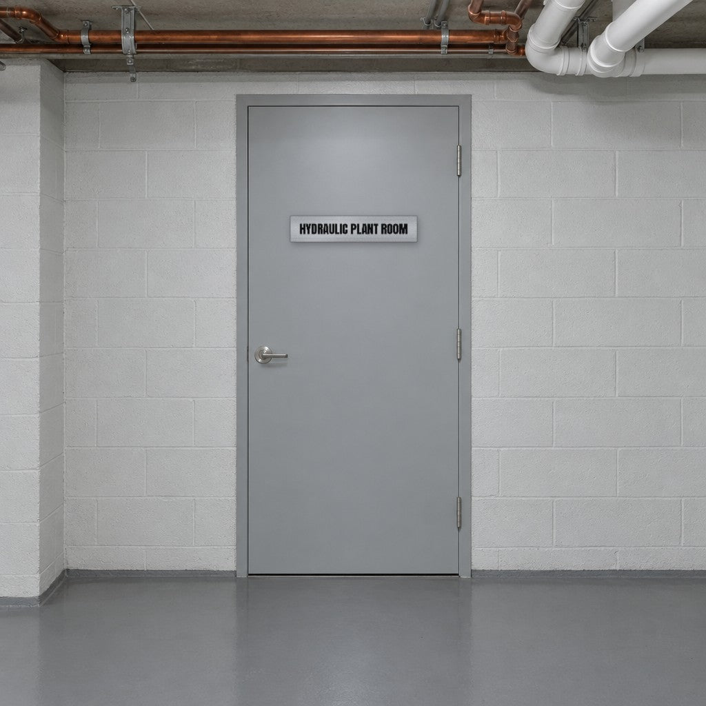 Brushed silver and black Hydraulic Plant Room sign on a hydraulic plant room door in an Australian apartment building basement
