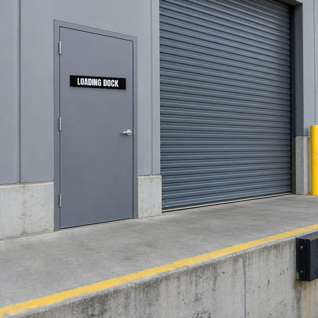 Black and white Loading Dock sign on a loading dock door at an Australian warehouse