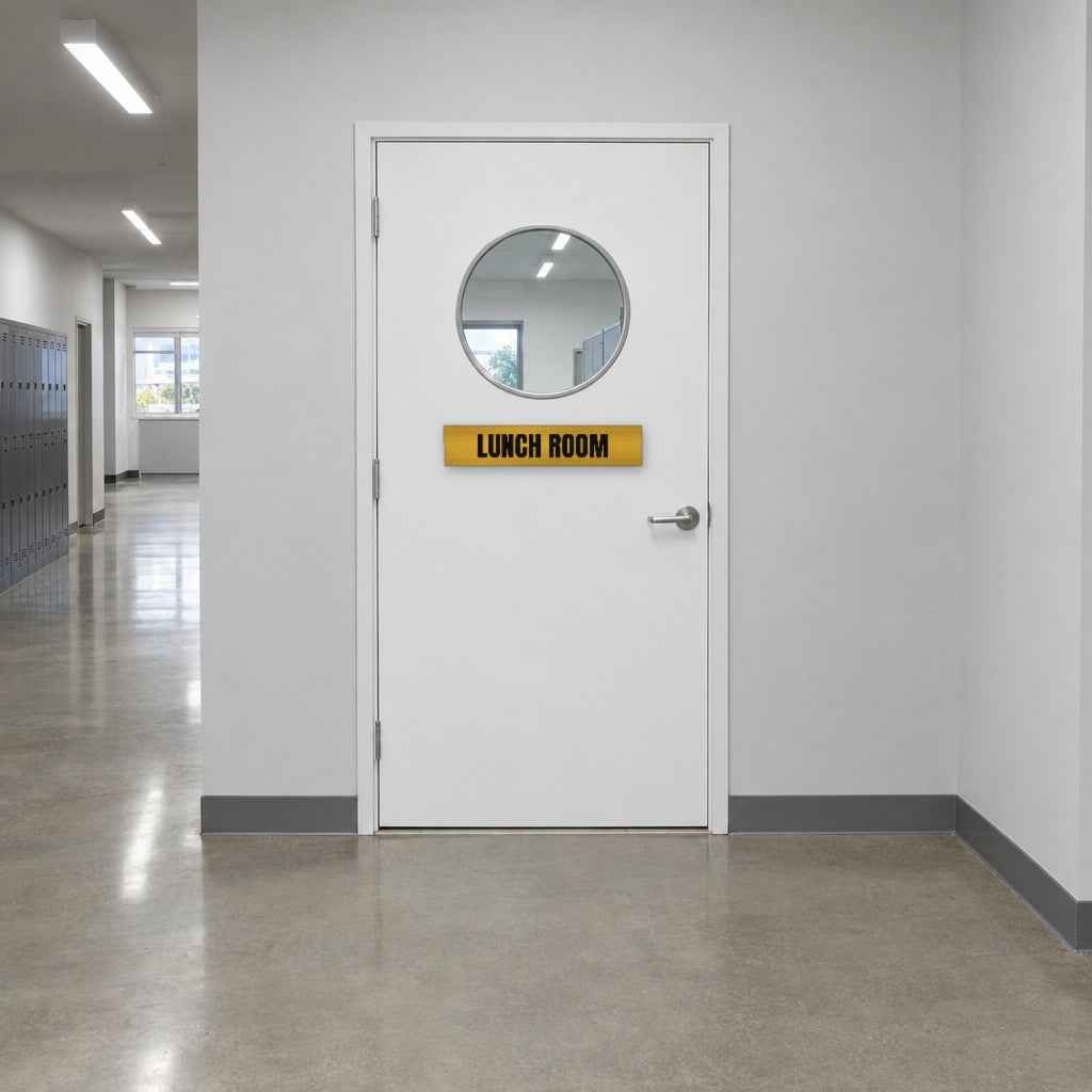 Brushed gold and black Lunch Room sign on a lunch room door in an Australian warehouse amenities corridor