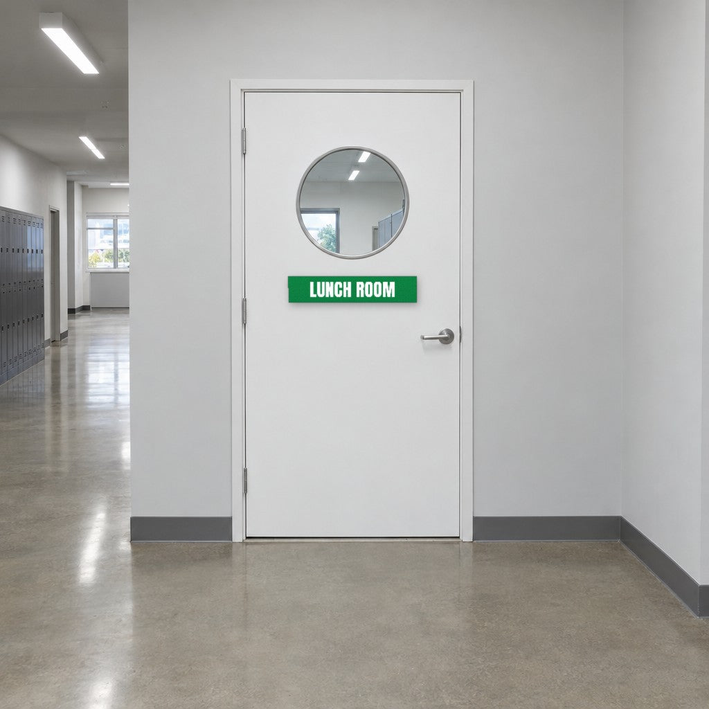 Green and white Lunch Room sign on a lunch room door in an Australian warehouse amenities corridor
