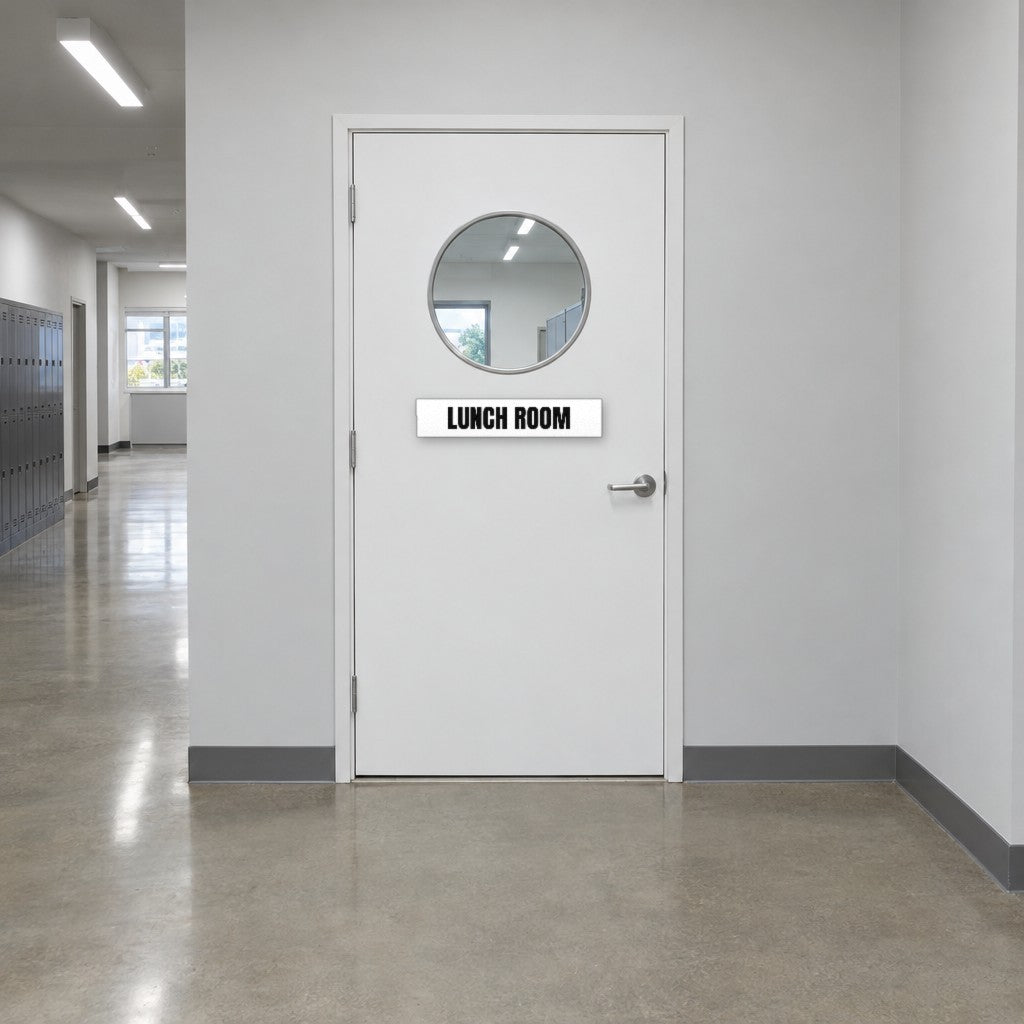 White and black Lunch Room sign on a lunch room door in an Australian warehouse amenities corridor