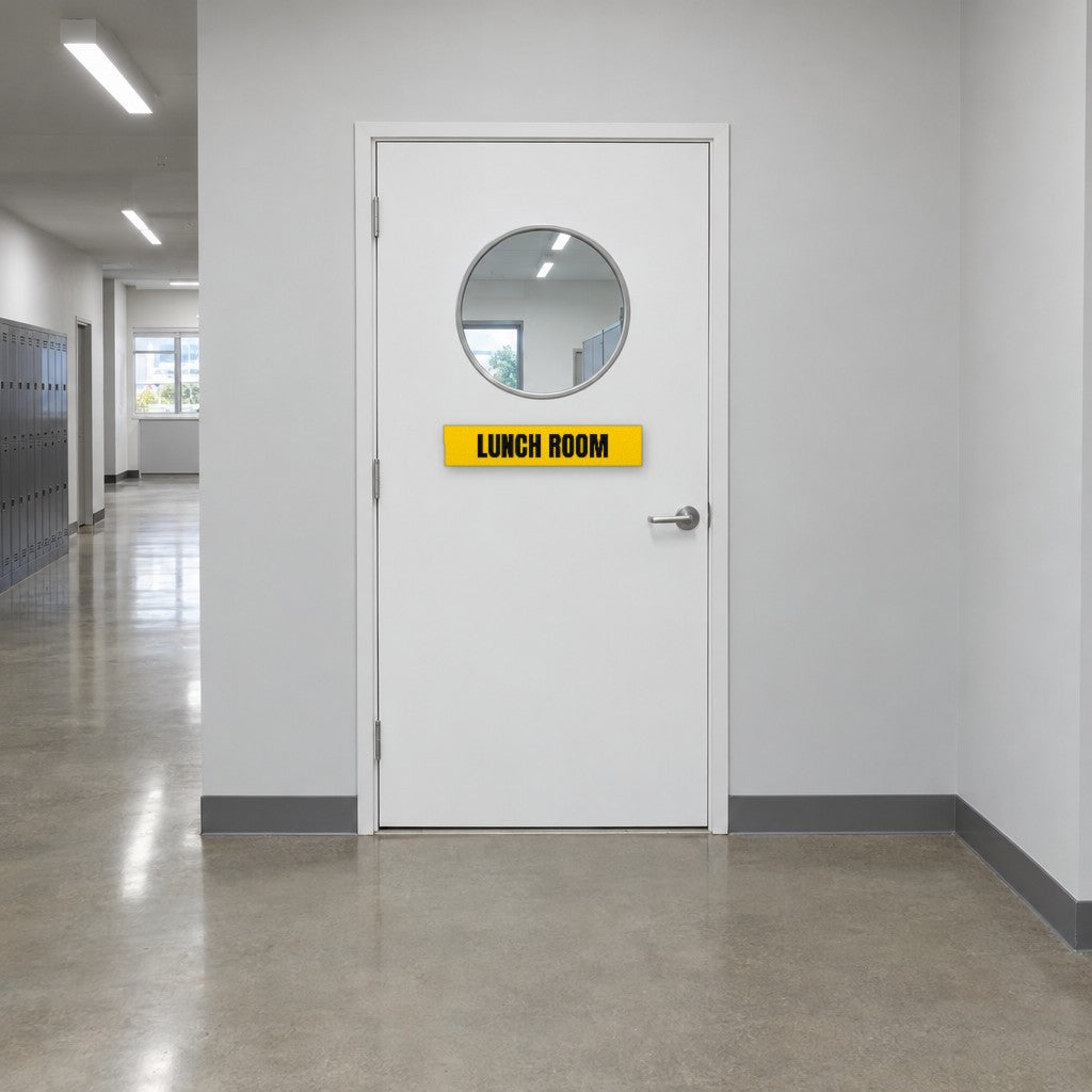 Yellow and black Lunch Room sign on a lunch room door in an Australian warehouse amenities corridor