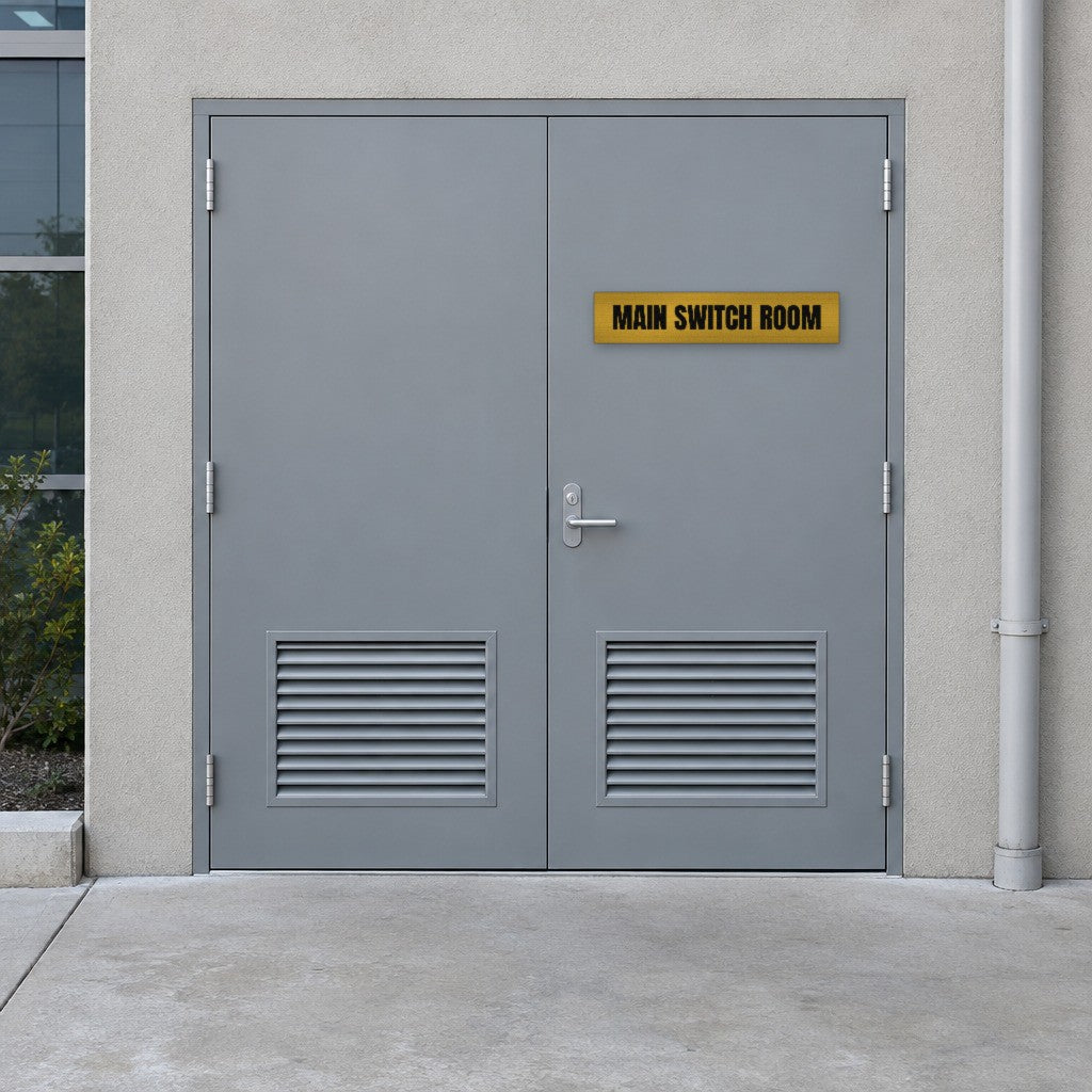 Brushed gold and black Main Switch Room sign on a main switch room door at an Australian commercial building