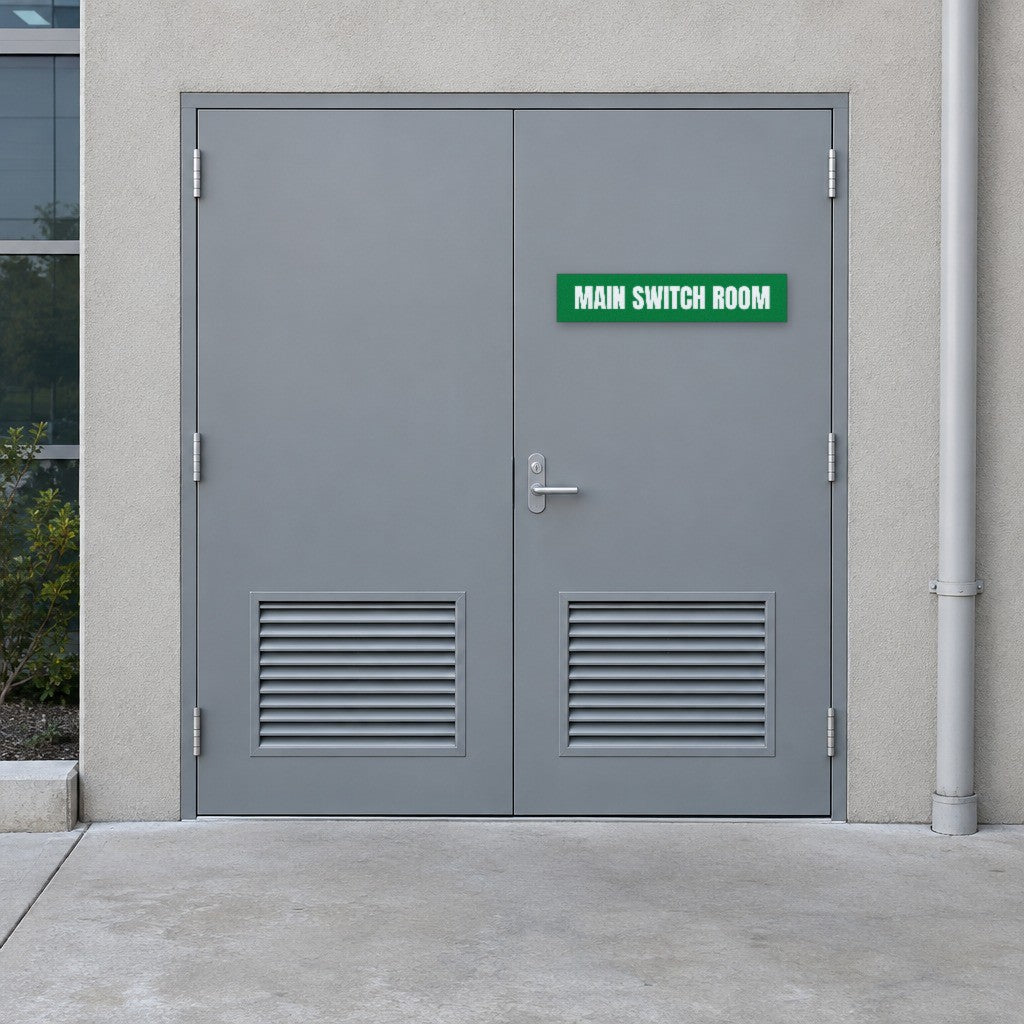 Green and white Main Switch Room sign on a main switch room door at an Australian commercial building