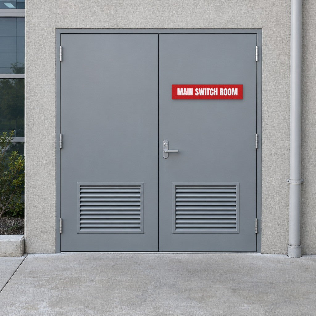 Red and white Main Switch Room sign on a main switch room door at an Australian commercial building