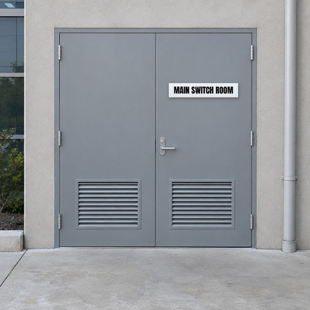White and black Main Switch Room sign on a main switch room door at an Australian commercial building