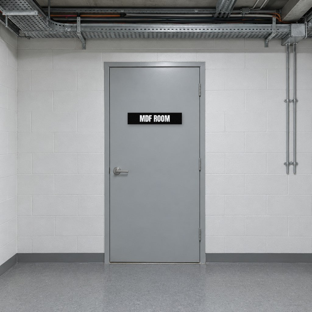 Black and white MDF Room sign on an MDF room door in an Australian apartment building services corridor