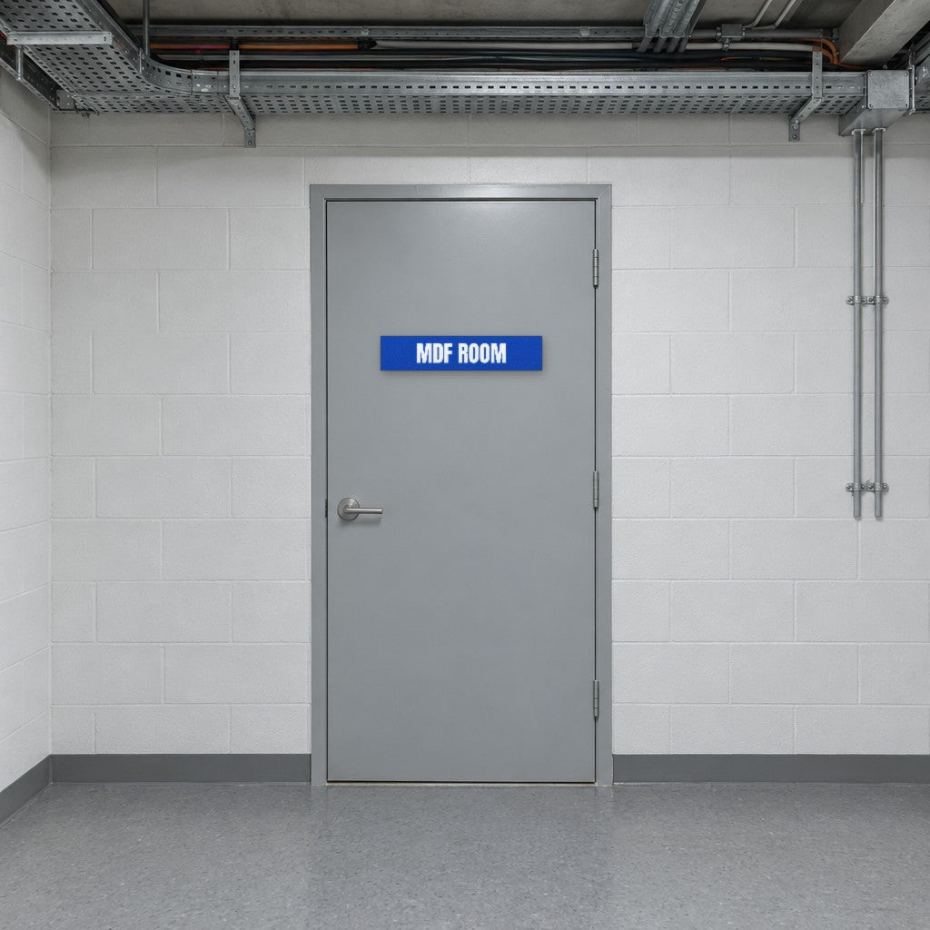 Blue and white MDF Room sign on an MDF room door in an Australian apartment building services corridor