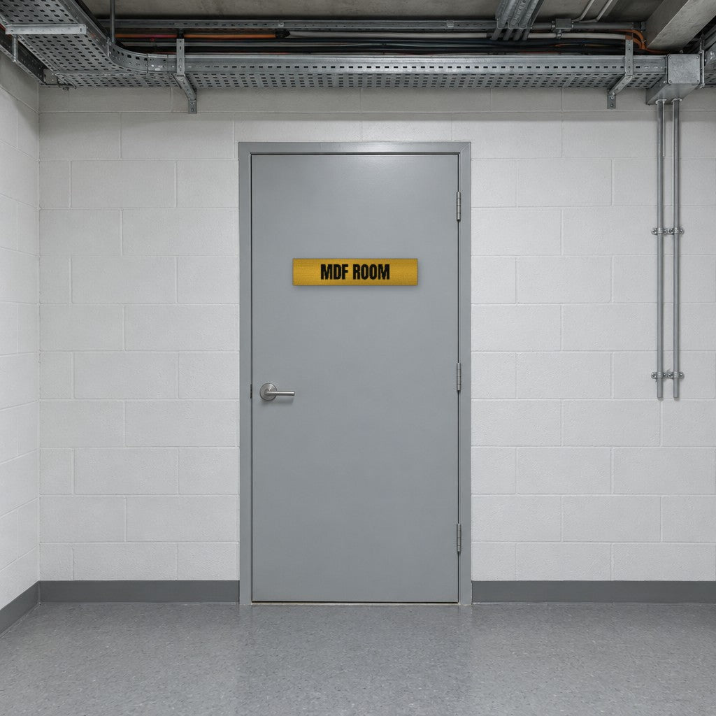 Brushed gold and black MDF Room sign on an MDF room door in an Australian apartment building services corridor