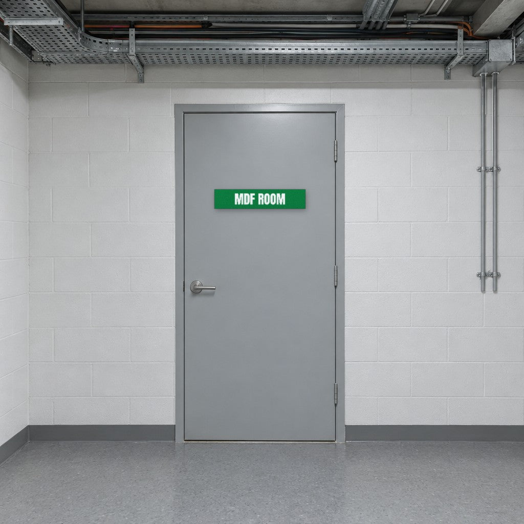 Green and white MDF Room sign on an MDF room door in an Australian apartment building services corridor