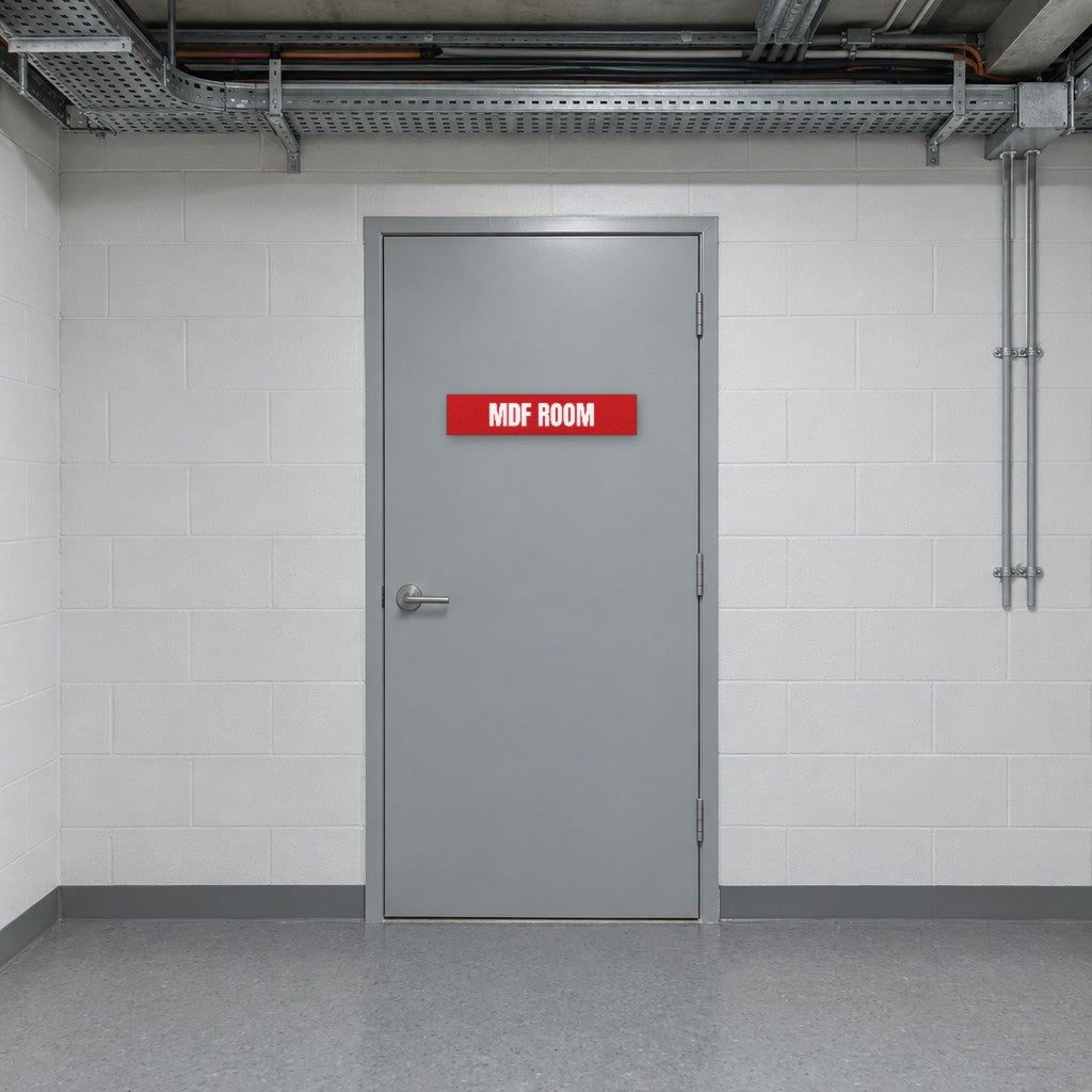 Red and white MDF Room sign on an MDF room door in an Australian apartment building services corridor