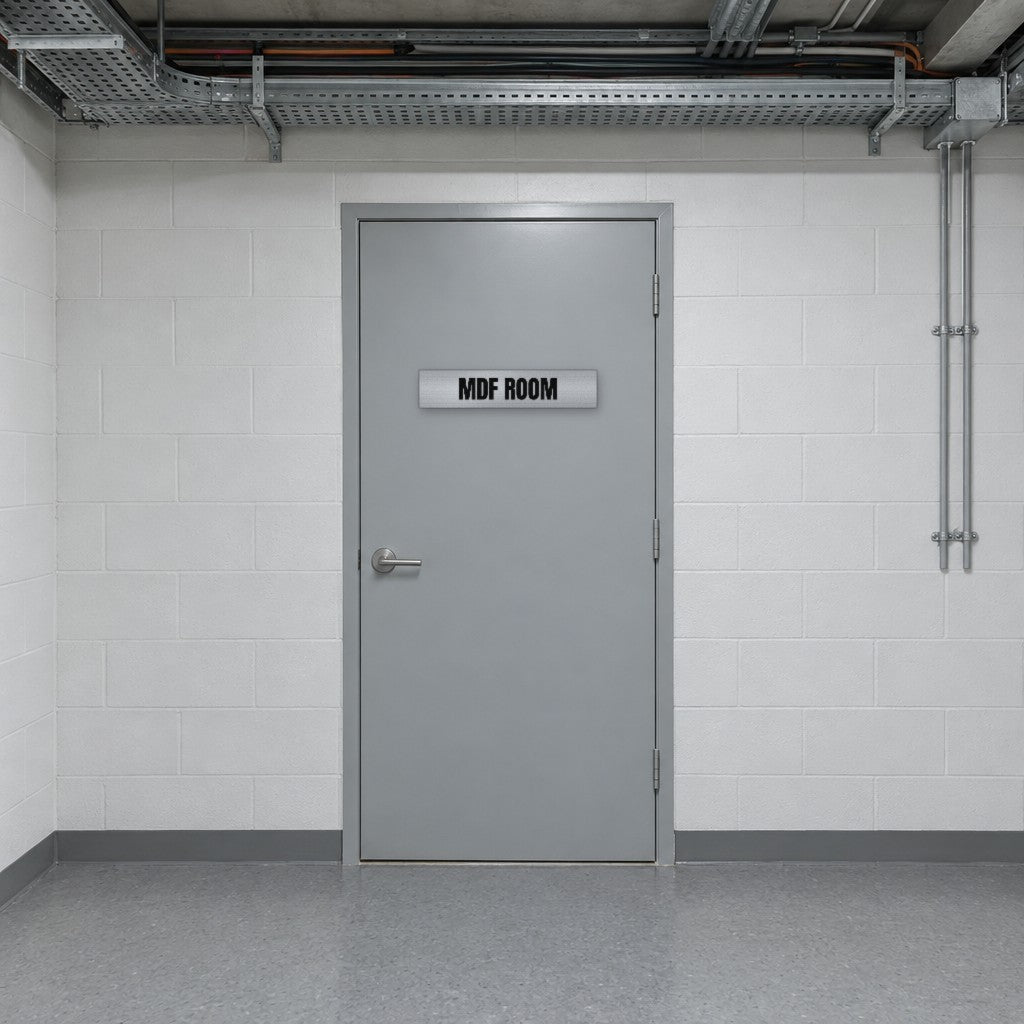 Brushed silver and black MDF Room sign on an MDF room door in an Australian apartment building services corridor