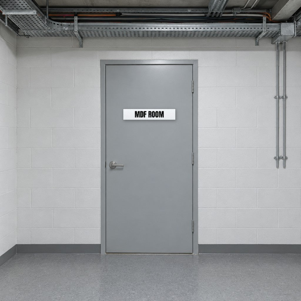 White and black MDF Room sign on an MDF room door in an Australian apartment building services corridor