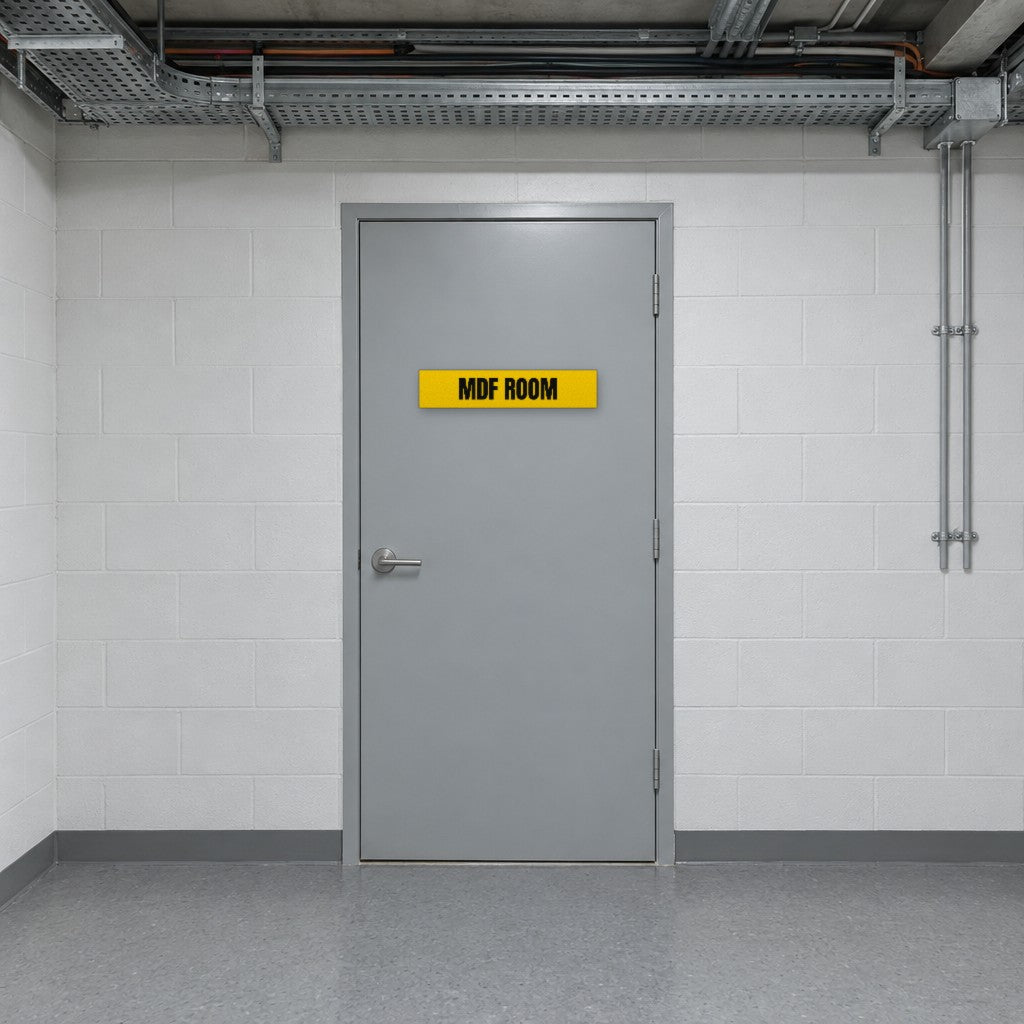 Yellow and black MDF Room sign on an MDF room door in an Australian apartment building services corridor