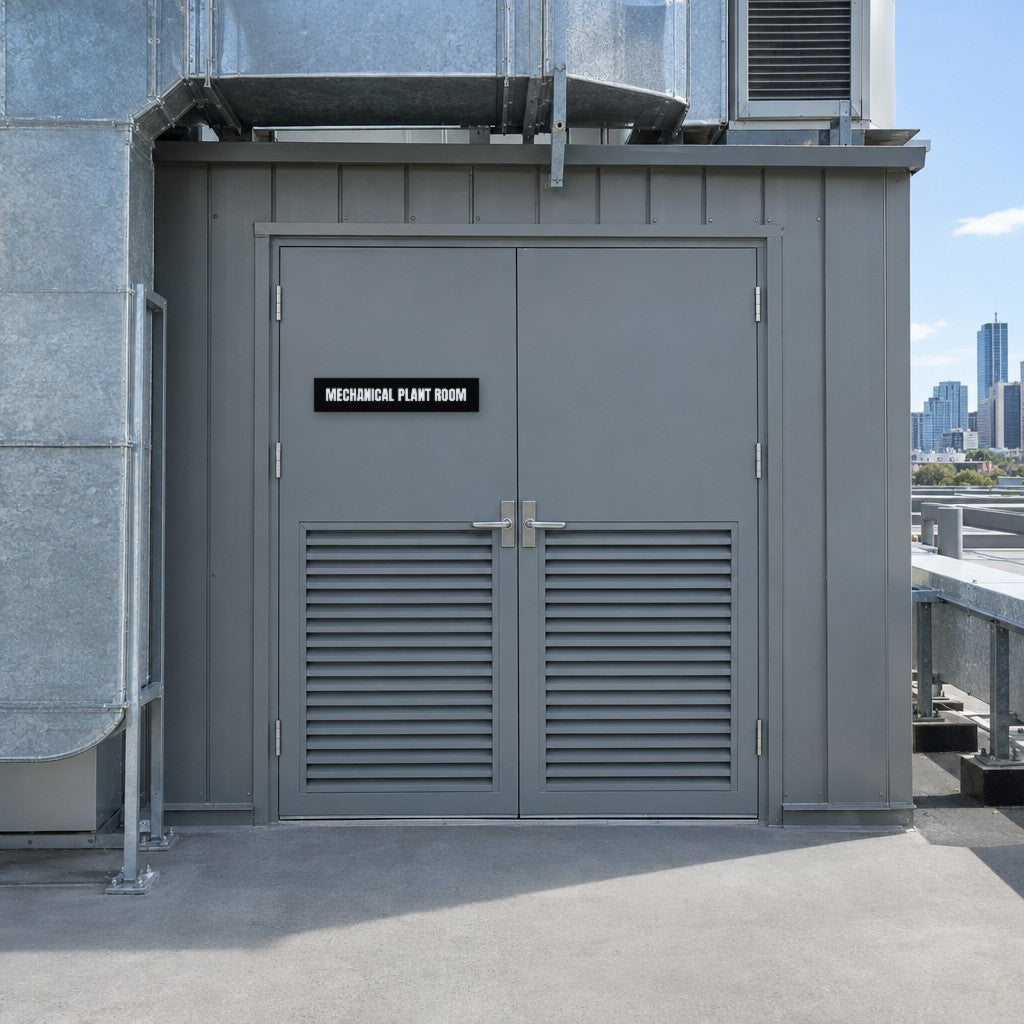 Black and white Mechanical Plant Room sign on a mechanical plant room door on an Australian office building rooftop
