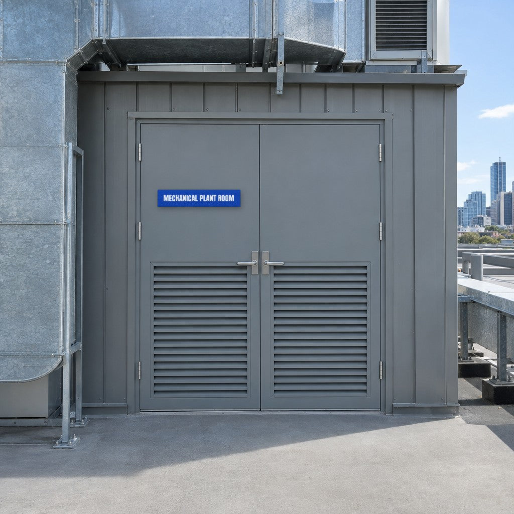 Blue and white Mechanical Plant Room sign on a mechanical plant room door on an Australian office building rooftop