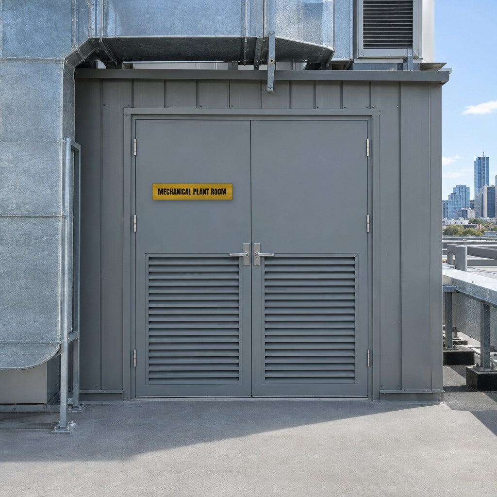 Brushed gold and black Mechanical Plant Room sign on a mechanical plant room door on an Australian office building rooftop