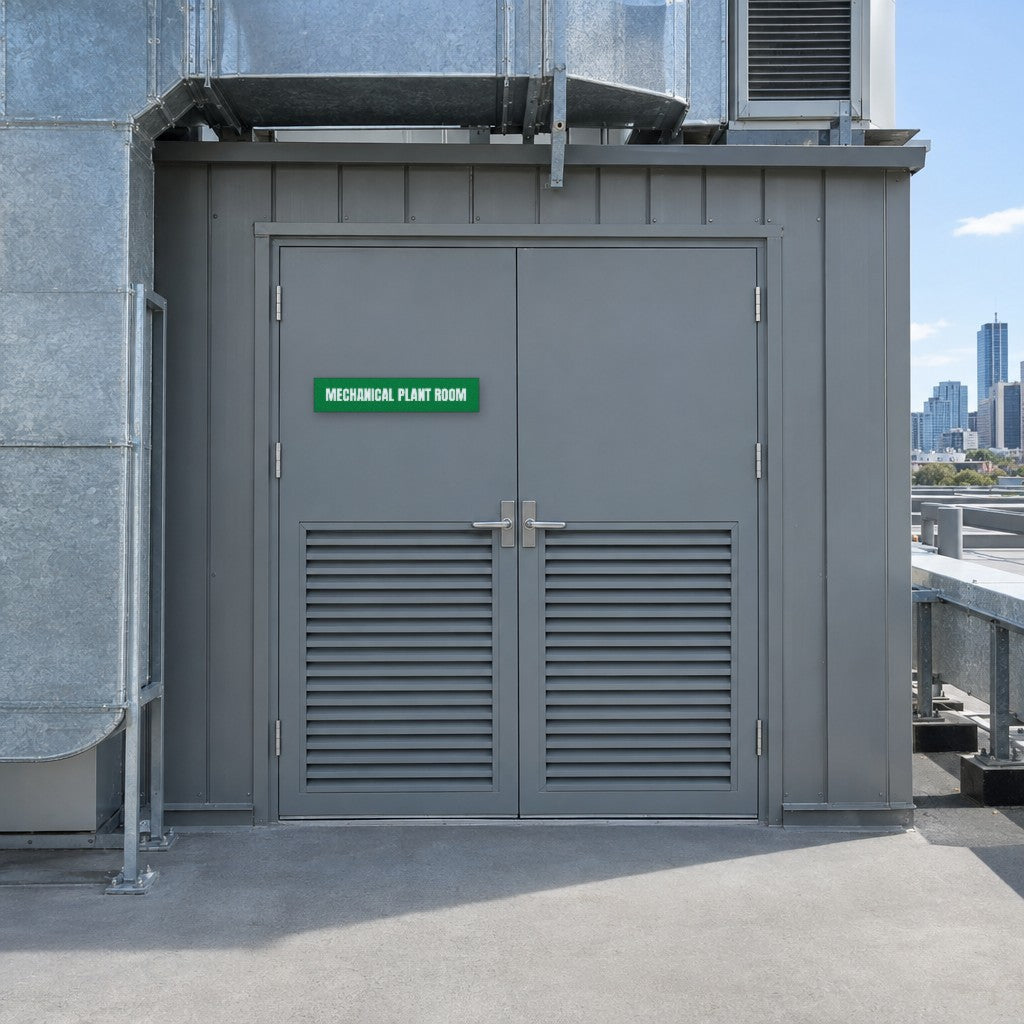 Green and white Mechanical Plant Room sign on a mechanical plant room door on an Australian office building rooftop