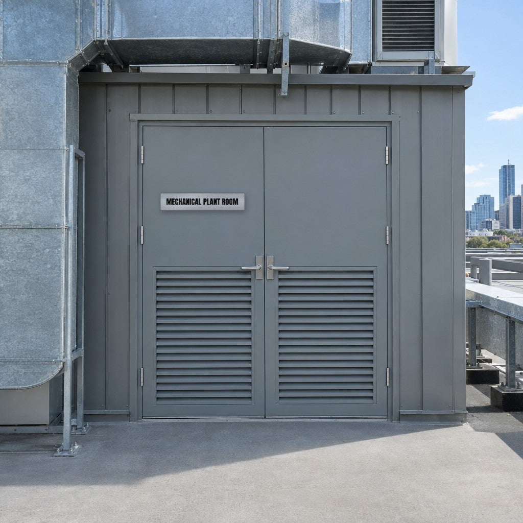 Brushed silver and black Mechanical Plant Room sign on a mechanical plant room door on an Australian office building rooftop