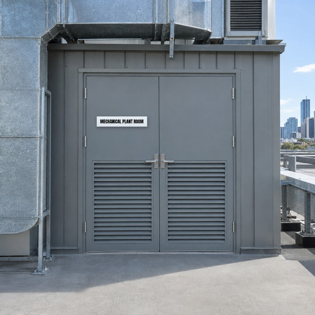White and black Mechanical Plant Room sign on a mechanical plant room door on an Australian office building rooftop