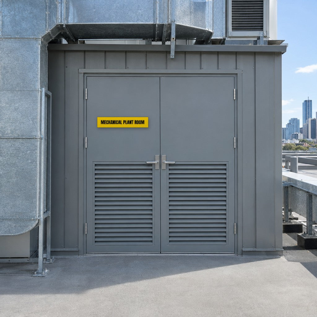 Yellow and black Mechanical Plant Room sign on a mechanical plant room door on an Australian office building rooftop