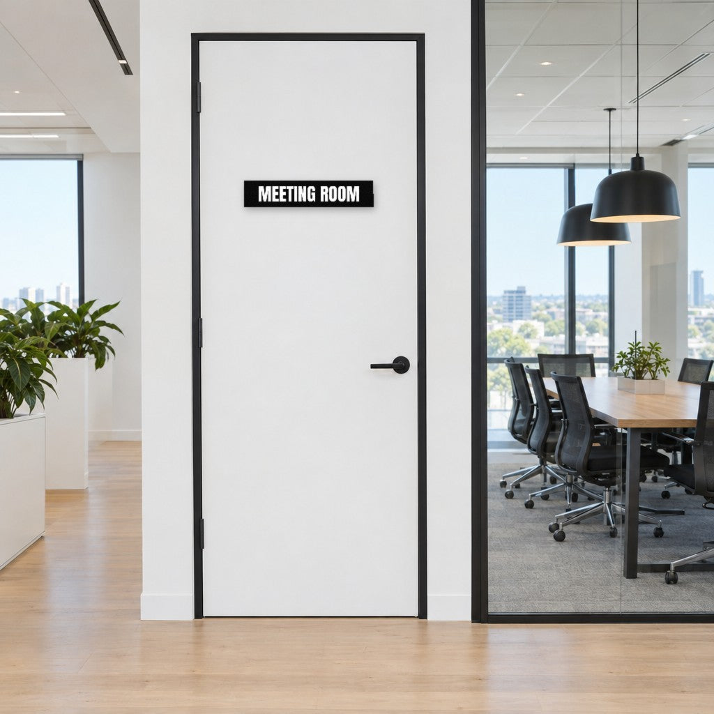 Black and white Meeting Room sign on a meeting room door in an Australian office