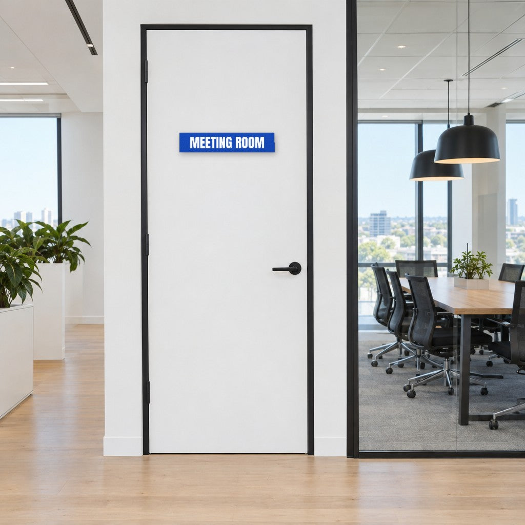 Blue and white Meeting Room sign on a meeting room door in an Australian office