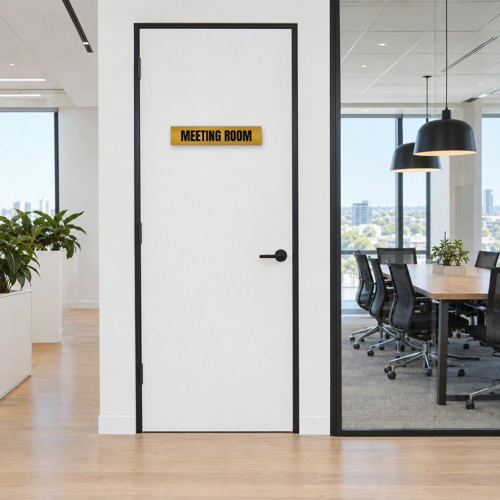 Brushed gold and black Meeting Room sign on a meeting room door in an Australian office