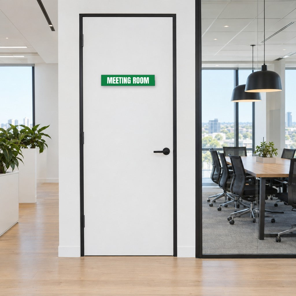 Green and white Meeting Room sign on a meeting room door in an Australian office