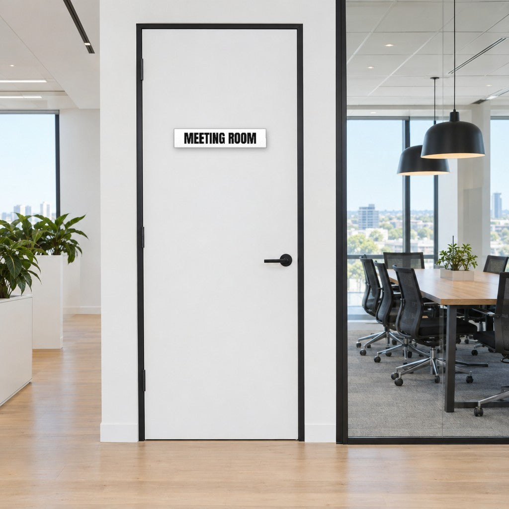 White and black Meeting Room sign on a meeting room door in an Australian office