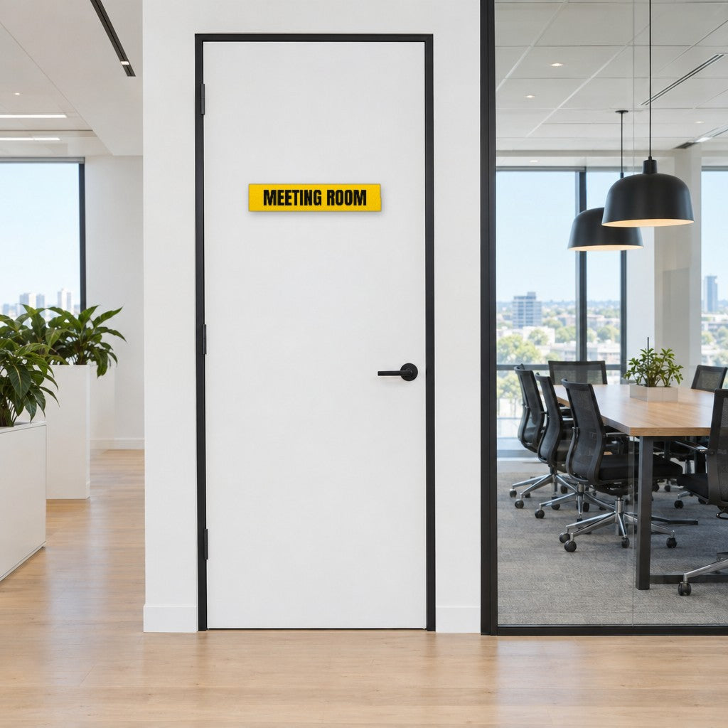 Yellow and black Meeting Room sign on a meeting room door in an Australian office