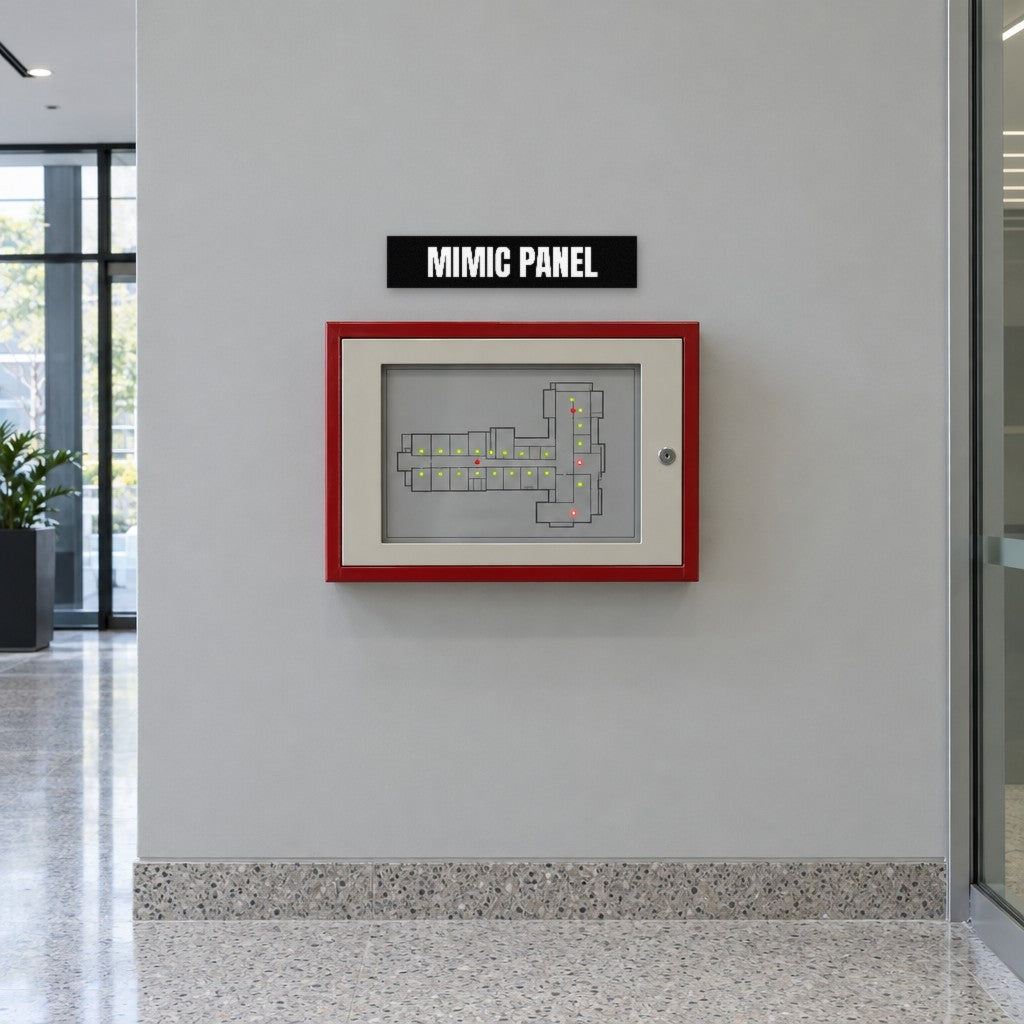 Black and white Mimic Panel sign above a fire mimic panel in the entry lobby of an Australian office building
