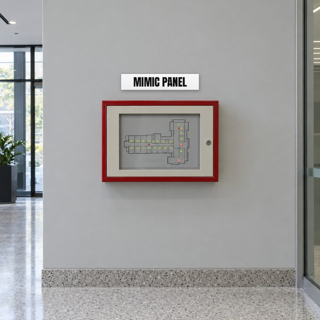 White and black Mimic Panel sign above a fire mimic panel in the entry lobby of an Australian office building