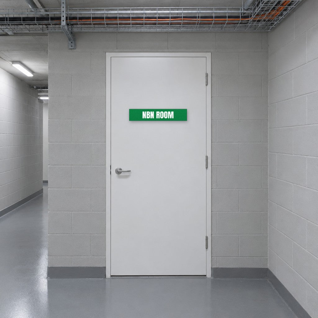 Green and white NBN Room sign on an NBN room door in an Australian apartment building basement