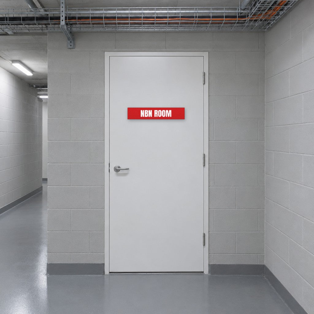 Red and white NBN Room sign on an NBN room door in an Australian apartment building basement