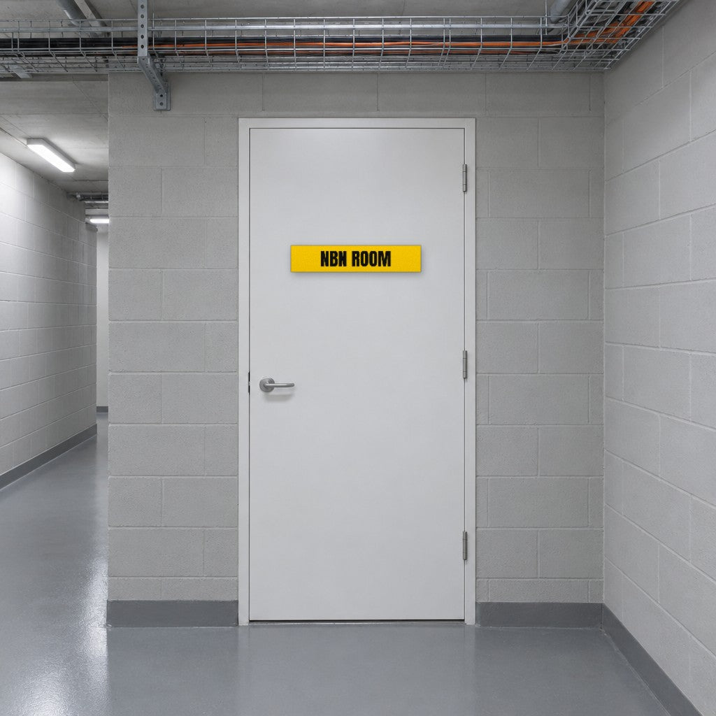 Yellow and black NBN Room sign on an NBN room door in an Australian apartment building basement