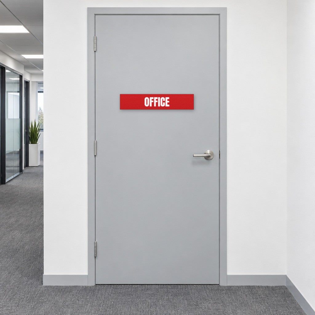 Red and white Office sign on an office door in an Australian commercial building