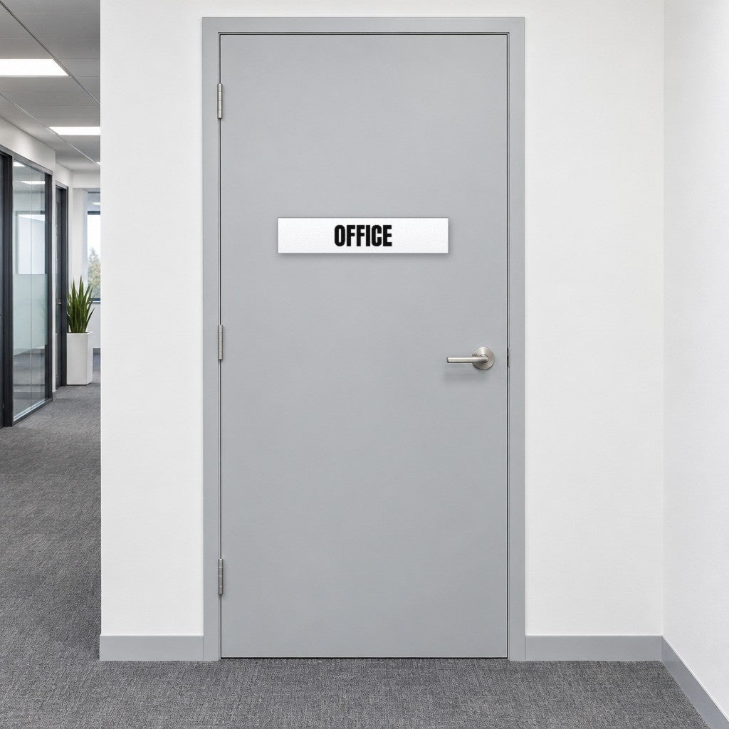 White and black Office sign on an office door in an Australian commercial building
