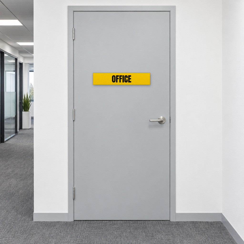 Yellow and black Office sign on an office door in an Australian commercial building