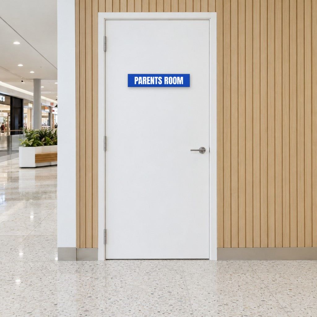 Blue and white Parents Room sign on a parents room door in an Australian shopping centre