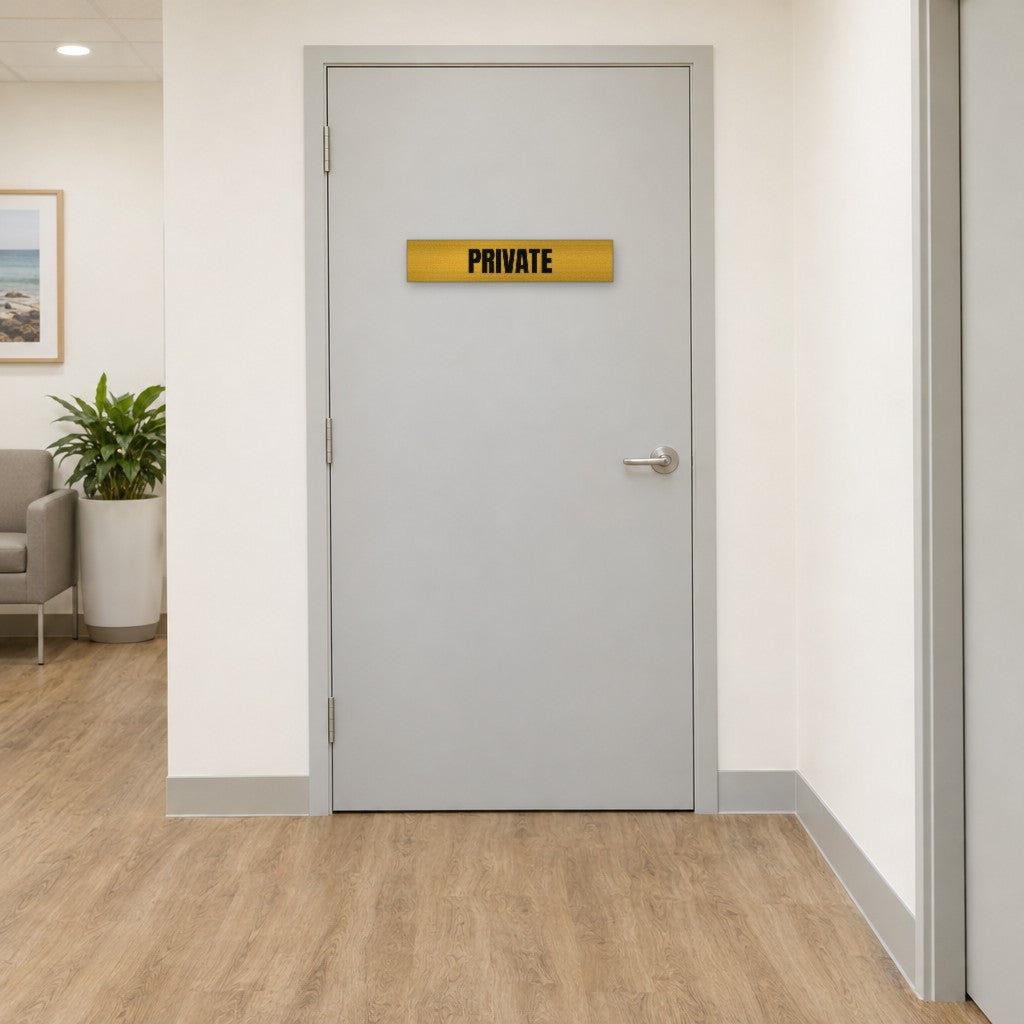 Brushed gold and black Private sign on a private door in an Australian medical clinic