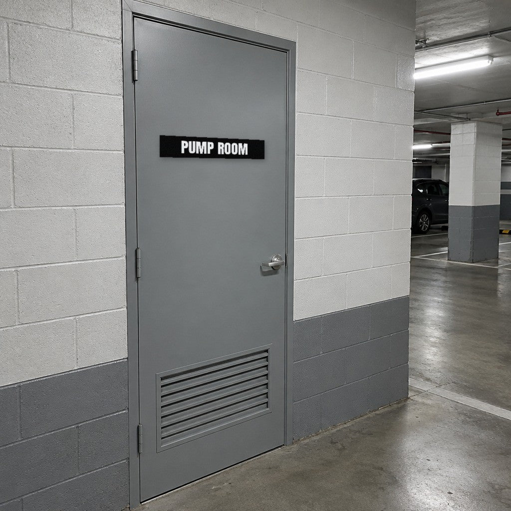 Black and white Pump Room sign on a pump room door in an Australian basement car park