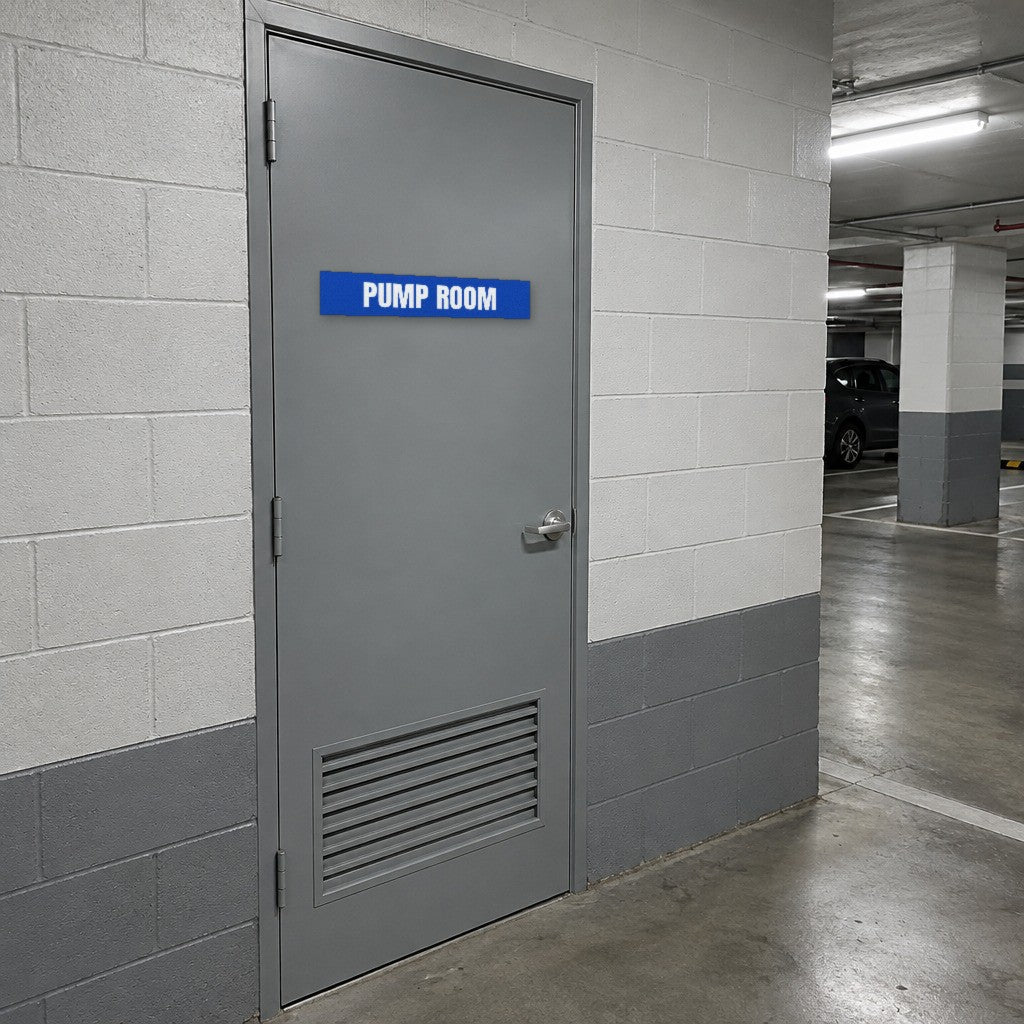 Blue and white Pump Room sign on a pump room door in an Australian basement car park