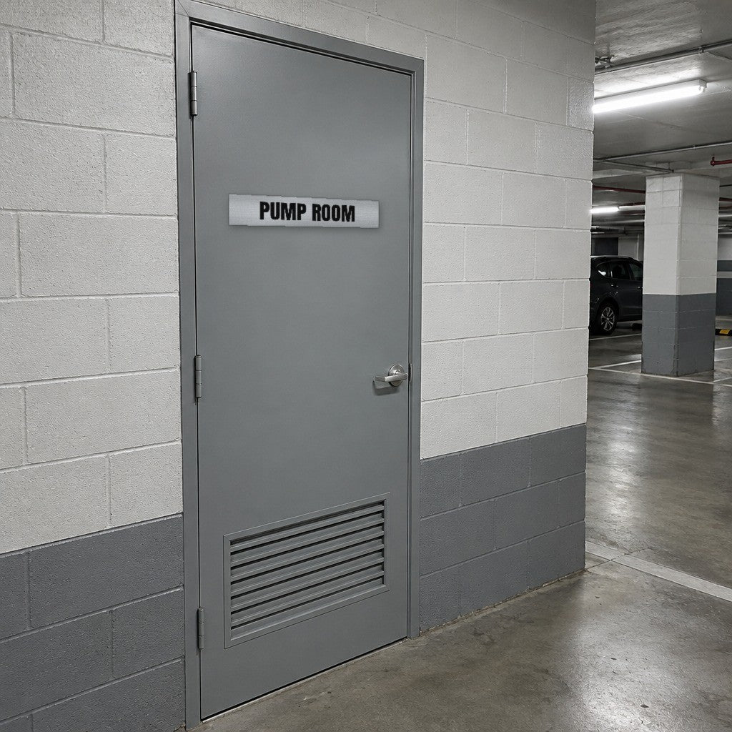 Brushed silver and black Pump Room sign on a pump room door in an Australian basement car park